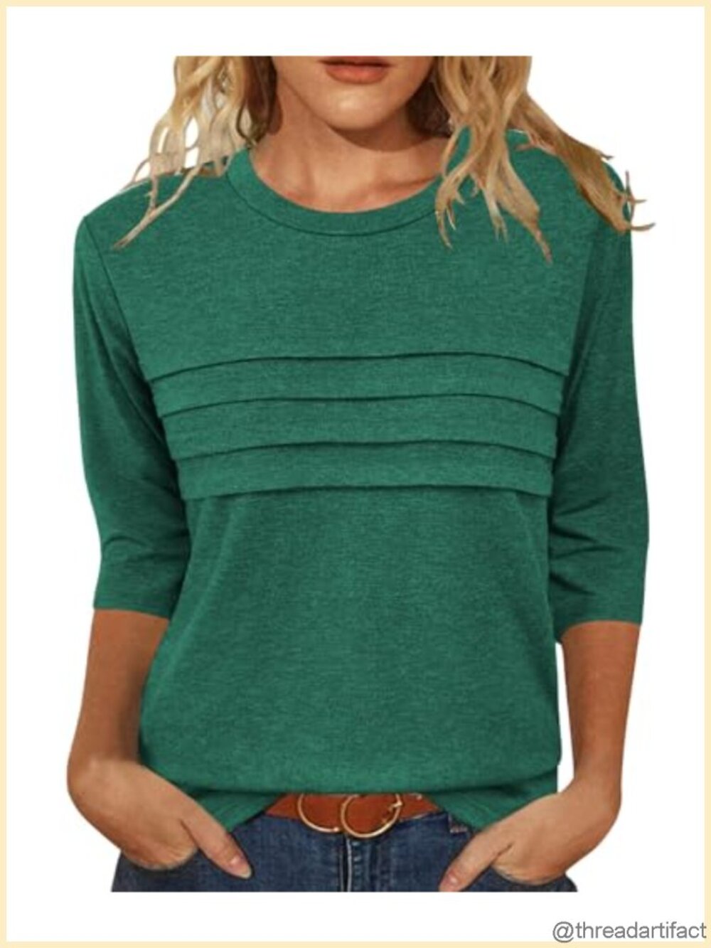 JomeDesign Womens 3/4 Sleeve Tunic Top Pleated Round Neck Casual